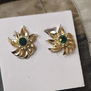 Gold Floral Swirl Stud Earrings with Emerald Green Center